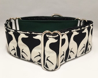 2 inch Martingale Collar, With Black White Special Greyhound Galgo Pattern and Hunter Green Fabric, Greyhound Galgo Martingale Collar