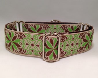 1.5 inch Martingale Collar, "Icelandic" Apple Green, Brown Ivory Jacquard Ribbon Martingale Collar, Greyhound Dog Martingale Collar