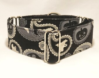 Coleira de Martingale de 2 polegadas, Coleira de Martingale de Tecido Branco Gey Preto Assustador de Halloween, Coleira de Martingale de Galgo, Coleira de Martingale de Cão