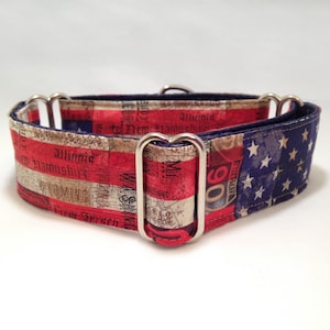 May include: A dog collar with a patriotic design featuring the American flag. The collar has red and white stripes, blue sections with white stars, and silver metal hardware. The fabric includes state names and road signs.