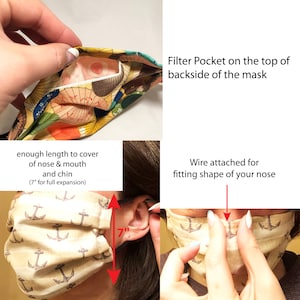 May include: A handmade face mask with a filter pocket and a wire for shaping the nose. The mask is beige with anchor patterns and has a 7-inch (17.78 cm) length for full expansion. The text on the image says "Filter Pocket on the top of backside of the mask".