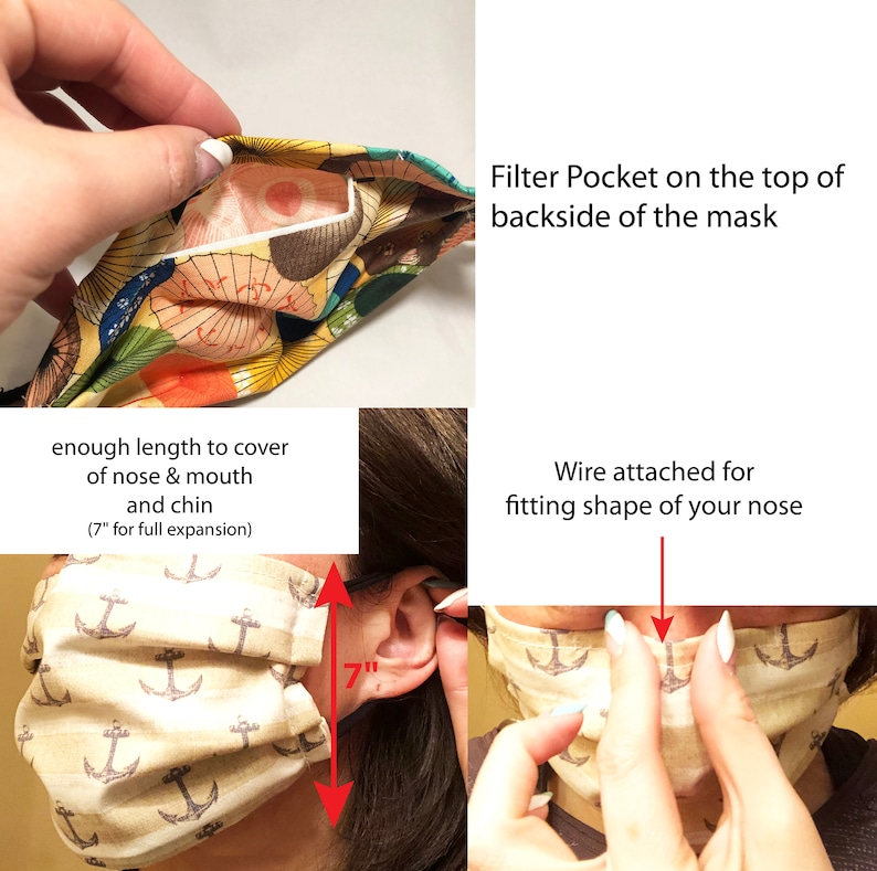 May include: A handmade face mask with a filter pocket and a wire for shaping the nose. The mask is beige with anchor patterns and has a 7-inch (17.78 cm) length for full expansion. The text on the image says "Filter Pocket on the top of backside of the mask".