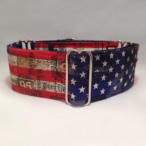 May include: A dog collar with a patriotic design. The collar features a pattern of the American flag with red and white stripes, blue stars, and vintage license plates. The collar has silver metal hardware.