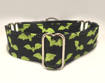1.5 inch Martingale Collar, Halloween Green Bats Fabric Martingale Collar, Greyhound Martingale Collar, Dog Martingale Collar