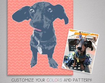 May include: A digital illustration of a dachshund dog with a pink and white chevron pattern background. The dog is blue and has its tongue sticking out. The text "CUSTOMIZE YOUR COLORS AND PATTERN!" is at the bottom of the image.