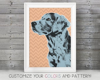 May include: A blue and black dog silhouette on a peach chevron background. The dog is looking to the left. The image is framed in a white frame.