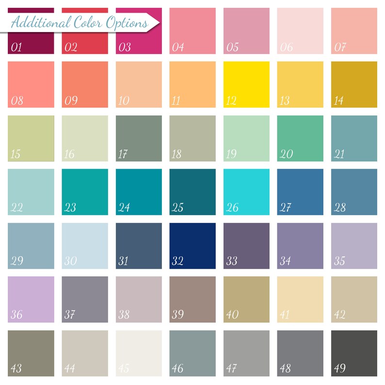 May include: A color chart with 49 different color swatches. The swatches are arranged in a grid of 7 rows and 7 columns. The colors range from deep red to light gray.