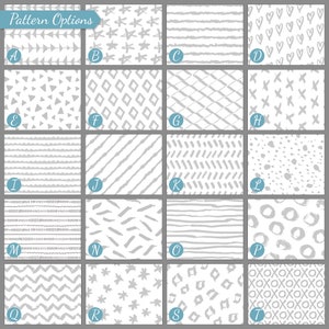 May include: A chart with 20 different gray and white patterns labeled with letters A through T. The patterns include stripes, zigzags, stars, hearts, and diamonds.