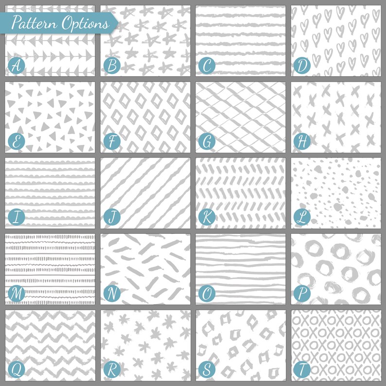 May include: A chart with 20 different gray and white patterns labeled with letters A through T. The patterns include stripes, zigzags, stars, hearts, and diamonds.