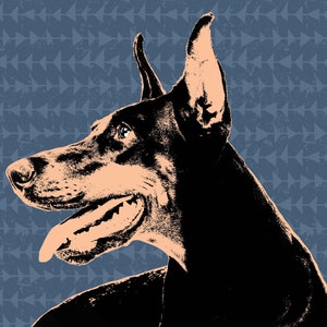 May include: A black and tan Doberman Pinscher dog with its head turned to the side, looking to the right. The dog's tongue is sticking out and its mouth is open. The background is a blue pattern of triangles.