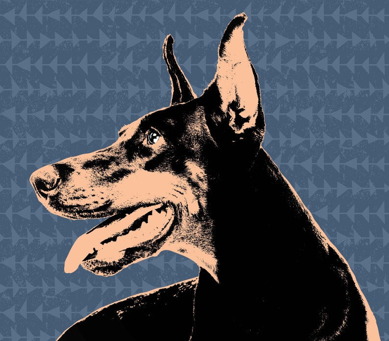 May include: A black and tan Doberman Pinscher dog with its head turned to the side, looking to the right. The dog's tongue is sticking out and its mouth is open. The background is a blue pattern of triangles.