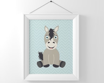 Baby Horse Illustration, Farm Animal Nursery Art, Horse Art Print, Pony Art, Nursery Decor, Boys Nursery Art, Baby Animals, Cute Horse,