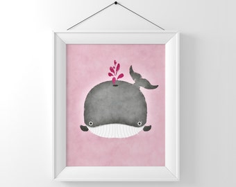 Baby Whale Watercolor, Whale Art, Whale Nursery Art, Girl Nursery Decor, Baby Art, Girl Whale Nursery Print, Baby Animals, Cute Whale