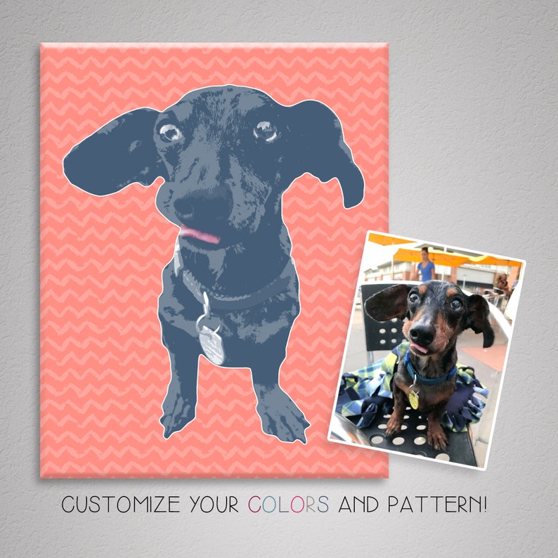 May include: A digital illustration of a dachshund dog with a pink and white chevron pattern background. The dog is blue and has its tongue sticking out. The text "CUSTOMIZE YOUR COLORS AND PATTERN!" is at the bottom of the image.