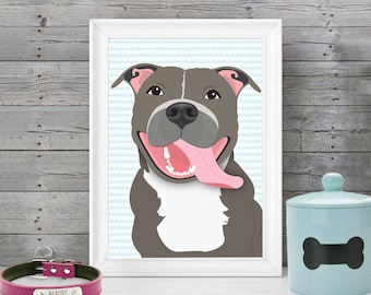 Puede incluir: Una ilustración digital de un perro pit bull gris y blanco con la lengua rosa que sobresale. El perro está sonriendo y tiene un fondo blanco con rayas azules y blancas. La imagen está enmarcada en un marco blanco.