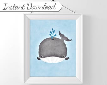 Blue Whale Watercolor, Whale Print, Whale Nursery Art, Boy Nursery Decor, Whale Decor, Cute Whale, Printable Nursery Art, Printable Whale