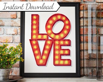 Love Printable, Love Sign, Love Marquee, Love Wall Art, Love Artwork, Light Bulb Letters, Vintage Sign, Love wall Decor, Love Letters