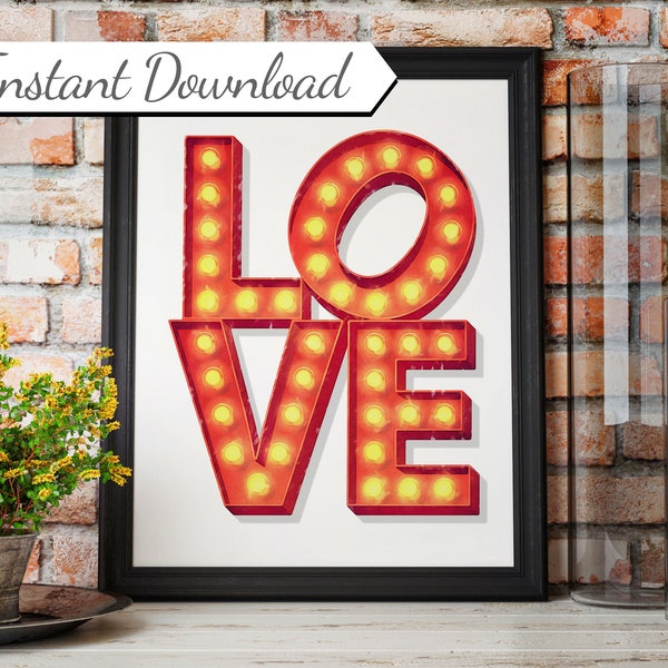 Love Printable, Love Sign, Love Marquee, Love Wall Art, Love Artwork, Light Bulb Letters, Vintage Sign, Love wall Decor, Love Letters