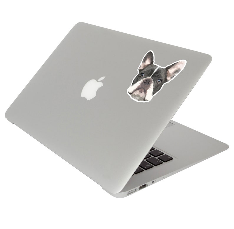 May include: A silver laptop computer with a black and white French bulldog sticker on the lid.