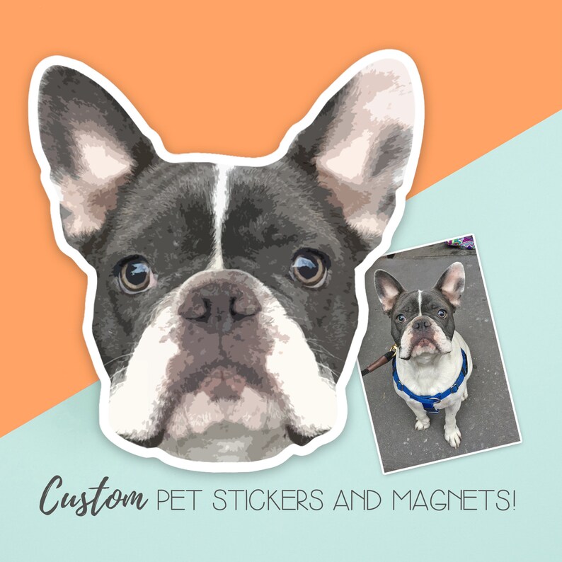 May include: A close-up of a French Bulldog's face, with a white and gray coat, looking directly at the camera. The image is a sticker or magnet design, with the text "Custom Pet Stickers and Magnets!" below the image.