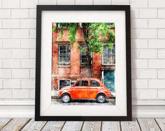 Fiat 500 Print / Vintage Car Art / Vintage Car Artwork / Car Nursery Decor / Car Nursery Art / Car Nursery Print / Orange Nursery Decor