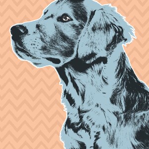 May include: A blue and black illustration of a dog's head and neck, looking to the left, against a peach background with a chevron pattern.