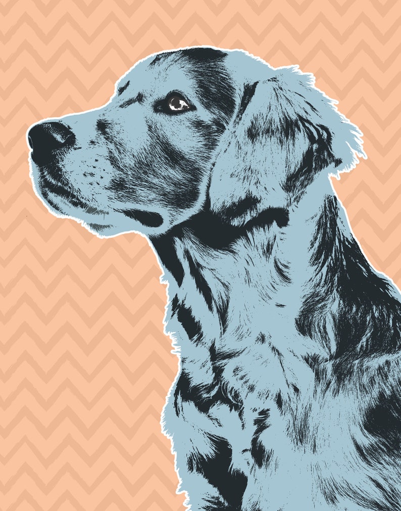 May include: A blue and black illustration of a dog's head and neck, looking to the left, against a peach background with a chevron pattern.
