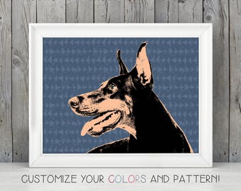 May include: A black and tan Doberman Pinscher dog with its tongue sticking out, against a blue background with a geometric pattern.
