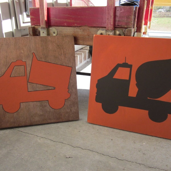 Clearance Sample SALE - Construction Wood Wall Art for Boy's Room -  Cement Mixer Truck, Dumptruck - Painted Wood Sign decor, Nursery
