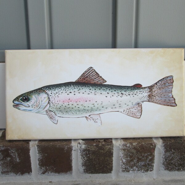 Clearance/ SALE - Rainbow Trout Handpainted 14 x 7 Painting Wall Decor Art - You customize! Great Gift for Dad or Husband! Fish, Fishing