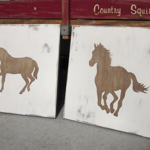 Horses - Western Nursery - Distressed Rustic Wood Wall Art - Painted Sign decor, Walnut Stain, Horse Lover, Western Room, Cowgirl, Cowboy