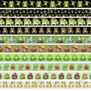 Frog Digital Washi Tape, download digital, enfeite, álbum de recortes, lixo eletrônico, faixa para barriga, cogumelo, sapo verde, girassol, nenúfar