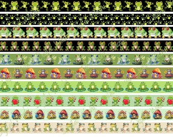 Frog Digital Washi Tape, Digital Download, Embellishment, Scrapbooking, Junk Journal, Belly Band, Mushroom, Green Frog, Sunflower, Lily Pad