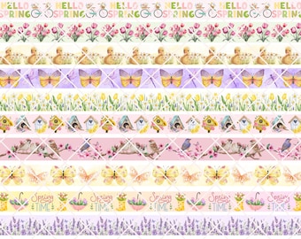 Spring Digital Washi Tape, Digital Download, Embellishment, Scrapbooking, Junk Journal, Belly Band, Butterfly, Baby Duck, Tulip, Lavender