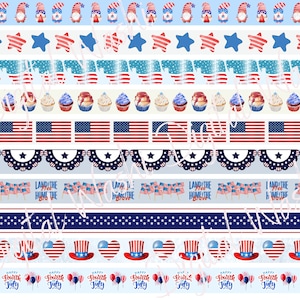 Ruban Washi numérique du 4 juillet, Téléchargement numérique, Embellissement, Scrapbooking, Junk Journal, Belly Band, Gnome, Cupcake, Drapeau, Amérique