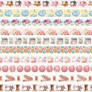 May include: A digital paper pack with 10 different sewing-themed borders. The borders feature sewing machines, buttons, spools of thread, and other sewing supplies. The borders are in a variety of colors, including pink, blue, yellow, and green.