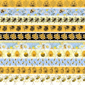 Könnte beinhalten: Ein sich wiederholendes Muster mit Bienen, Waben und floralen Elementen. Das Design verwendet Gelb, Schwarz, Weiß und Blau. Es zeigt Bienen, Gänseblümchen und Bienenstöcke und schafft eine verspielte, von der Natur inspirierte Ästhetik.