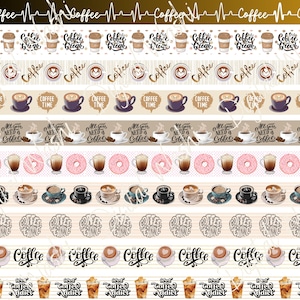May include: A digital paper pack with 10 different designs featuring coffee cups, doughnuts, and coffee-themed text. The designs are in a variety of colours, including brown, pink, white, and black.