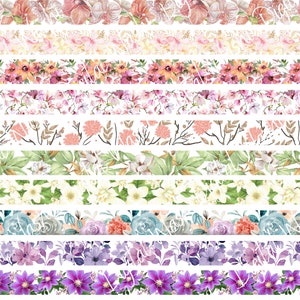 Floral digitale Washi Tape, maten variëren, digitale download, versiering, scrapbooking, junk journal, buikband, bloemen koraal, paars, roze