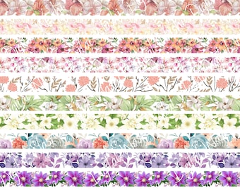Floral Digital Washi Tape, Sizes vary, Digital Download, Embellishment, Scrapbooking, Junk Journal, Belly Band, Flowers Coral, Purple, Pink