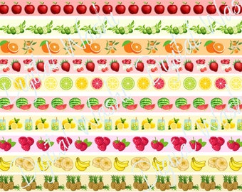 May include: A colorful pattern featuring rows of various fruits. Red apples, green limes, oranges, strawberries, lemons, watermelons, raspberries, bananas, and pineapples are displayed in a repeating design. The background has alternating pastel stripes.