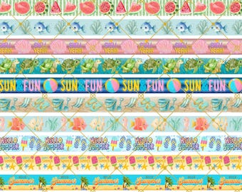Sommer Digitales Washi Tape, digitaler Download, Verzierung, Scrapbooking, Junk-Journal, Bauchband, Strand, Muscheln, Meer, Fisch