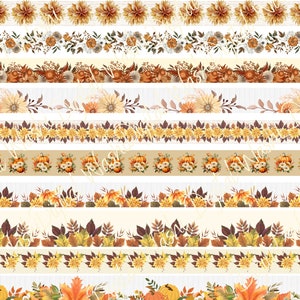 Fall Autumn Floral Digital Washi Tape, Digital Download, Embellishment, Scrapbooking, Junk Journal, Belly Band, Leaves, Sunflower, Flowers