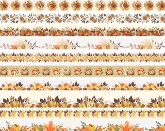 Fall Autumn Floral Digital Washi Tape, Digital Download, Embellishment, Scrapbooking, Junk Journal, Belly Band, Leaves, Sunflower, Flowers