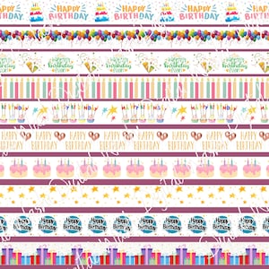 Geburtstag Digital Washi Tape, Digital Download, Verschönerung, Scrapbooking, Junk Journal, Bauchband, Kuchen, Kerze, Konfetti, Happy Birthday