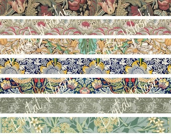 May include: A collection of eight horizontal strips showcasing various floral and botanical patterns. The designs feature a range of colors, including deep reds, blues, greens, and yellows, with intricate details and a vintage aesthetic. Ideal for craft projects.