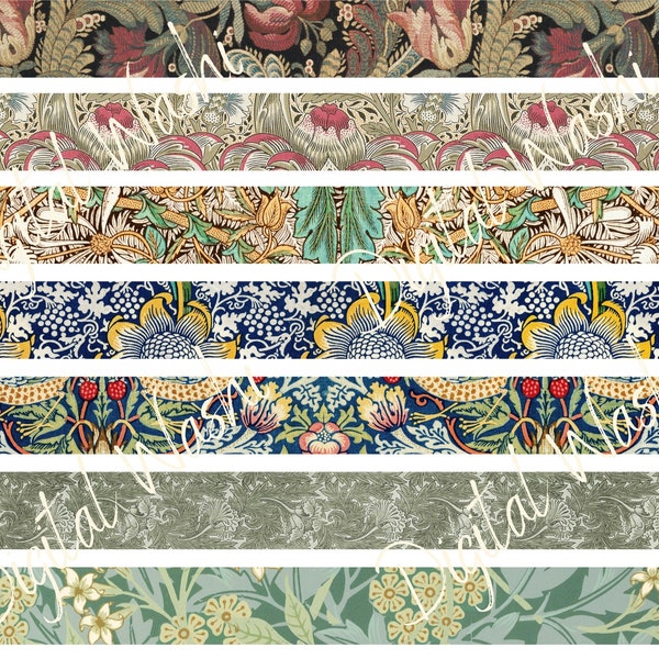 William Morris Digital Washi Tape, Digital Download, Embellishment, Scrapbooking, Junk Journal, Belly Band, Vintage Prints, Floral, Flowers