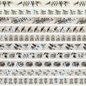 Bird Digital Washi Tape, Digitale Download, Verfraaiing, Scrapbooking, Junk Journal, Belly Band, Birdhouse, Nest, Bird Cage, Black Line