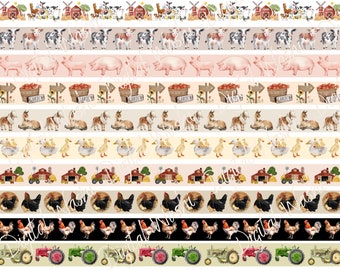 Farm Digital Washi Tape, Digitale Download, Versiering, Scrapbooking, Junk Journal, Buikband, Schuur, Tuin, Varken, Haan, Eend Paard Koe