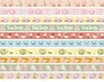 Fita Washi Digital Tea Time, Download Digital, Enfeite, Scrapbooking, Junk Journal, Faixa de Barriga, Bule, Xícara de Chá, Saquinho de Chá